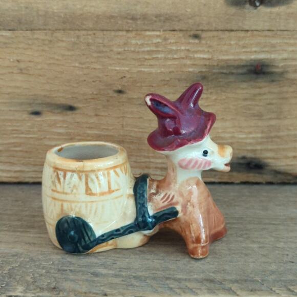Vintage 50s Ceramic Donkey Pulling Barrel Cart Tiny Planter or Toothpick Holder - Picture 5 of 10